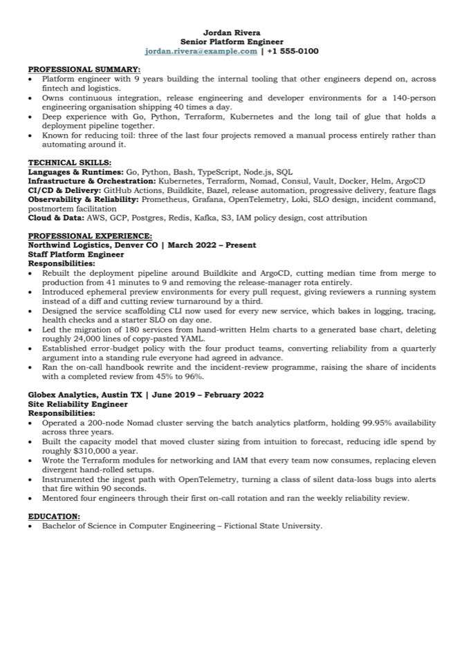 A formatted single-page resume for the fictional Jordan Rivera, set in Bookman Old Style at 10 point with justified bullets and underlined section headers.